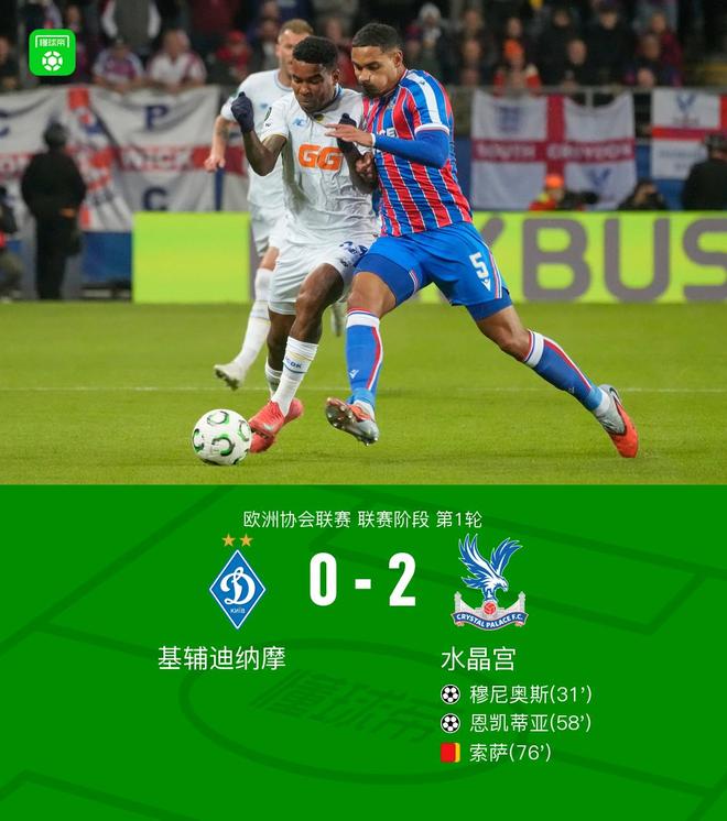 水晶宫2-0基辅迪纳摩，穆尼奥斯、恩凯蒂亚破门，索萨染红